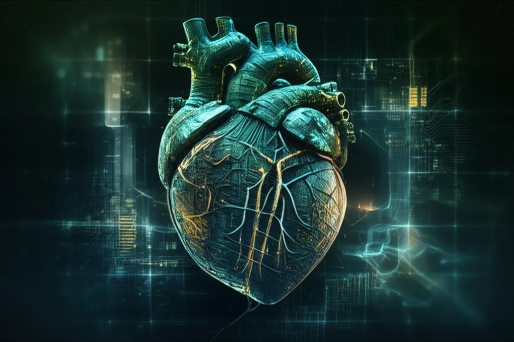 Interconnected heart with microchips symbolizing genetic heart differentiation.