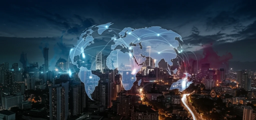 Global network of cities with abstract watercolor overlays representing transcultural language exchange.