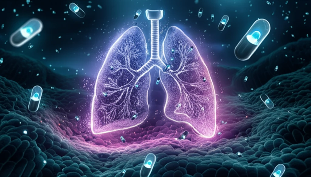 Microscopic capsules delivering medicine to a pastel lung landscape
