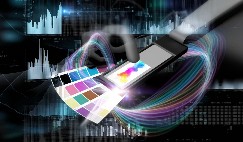 Colorimetric sensor measuring a color swatch with spectral light patterns, symbolizing improved accuracy.