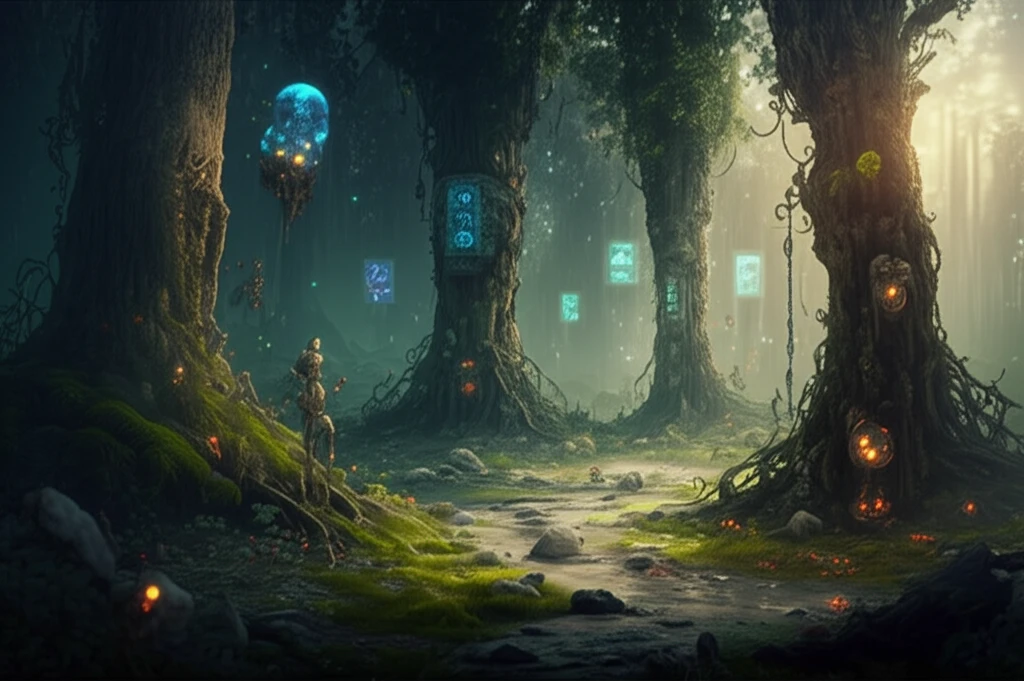 Futuristic illustration of a graphene forest powering wearable technology