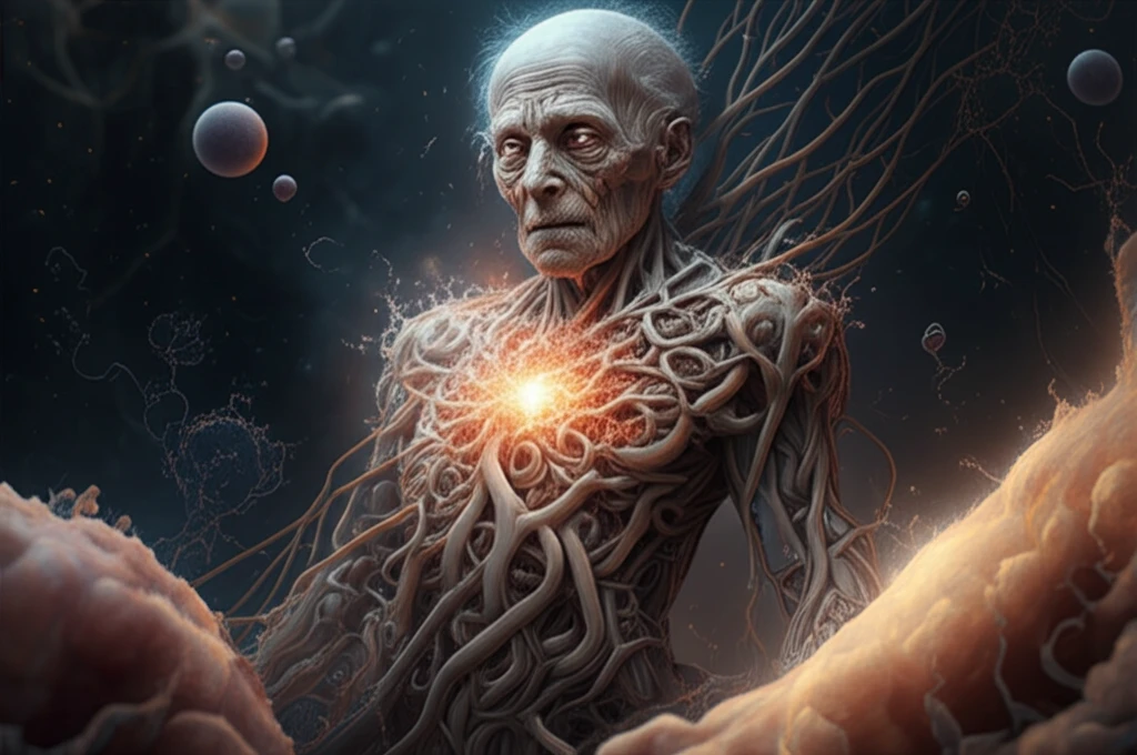 Surreal illustration of the immune system modulating aging.
