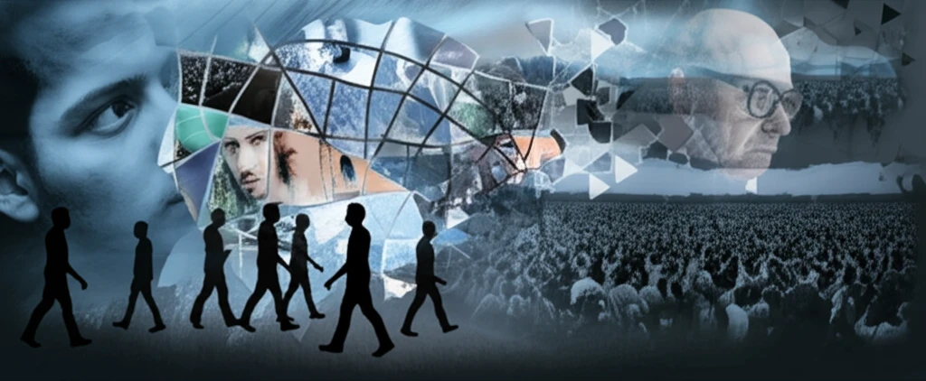 Surreal illustration of media influence on migrant perception.