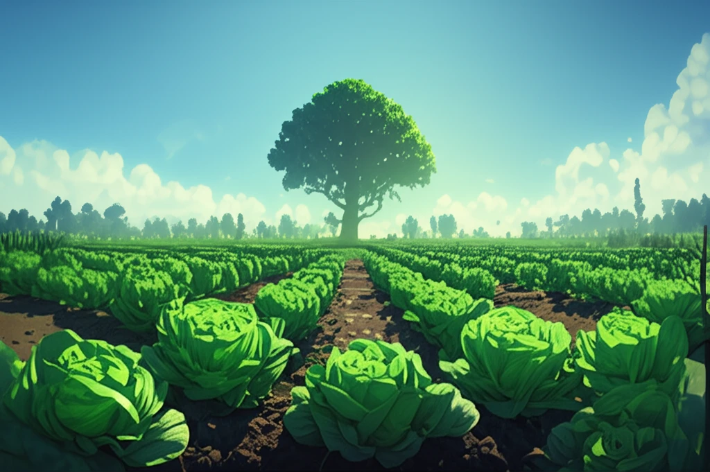 Lush lettuce field with roostertree silhouette in background