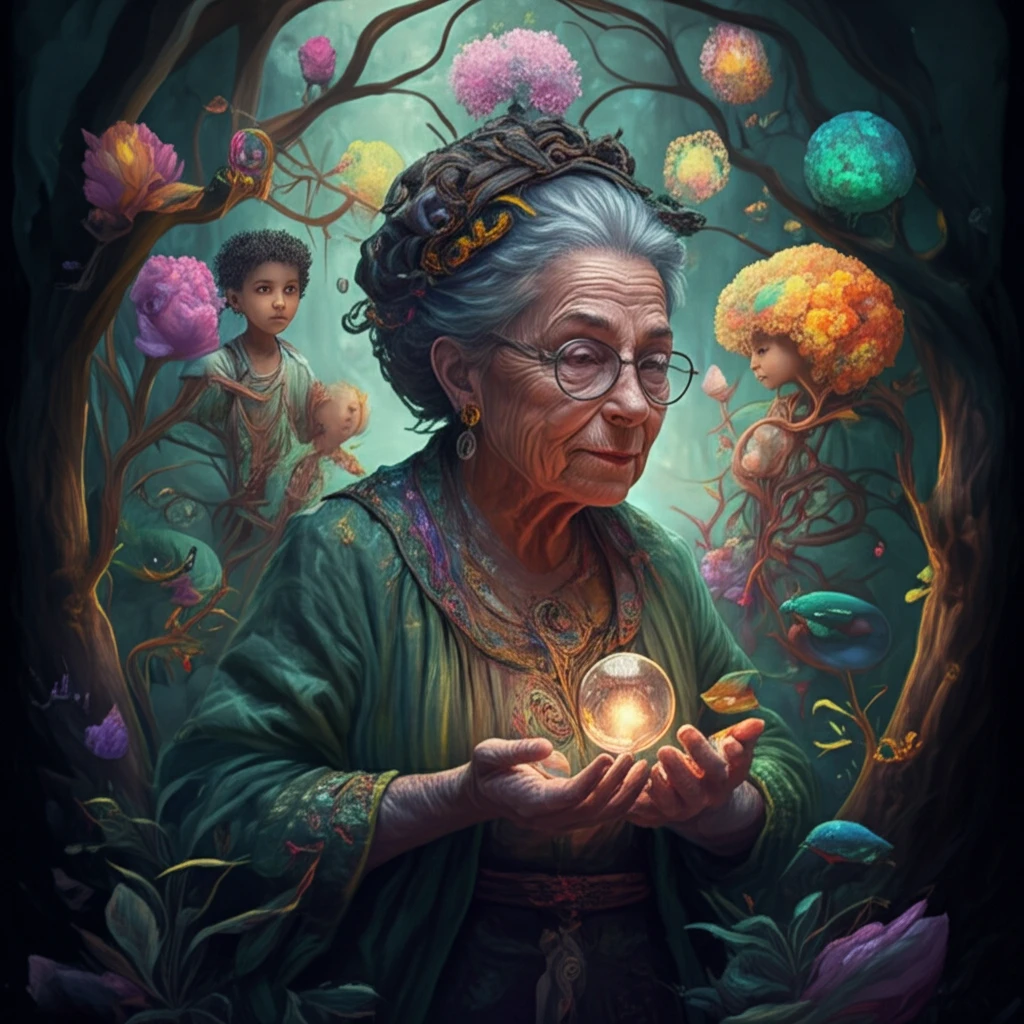 Glowing image of Grandmother figure with family tree.