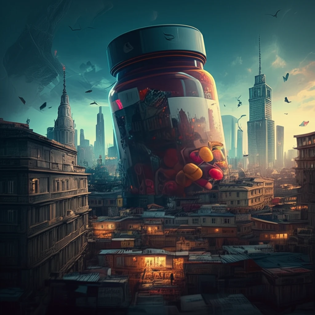 Surreal illustration of a giant pill bottle dominating a cityscape, representing the pharmaceutical industry's influence.