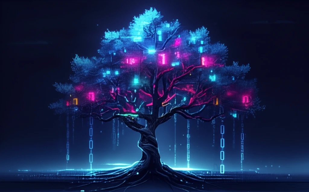 Digital tree with binary code leaves, symbolizing data flow.