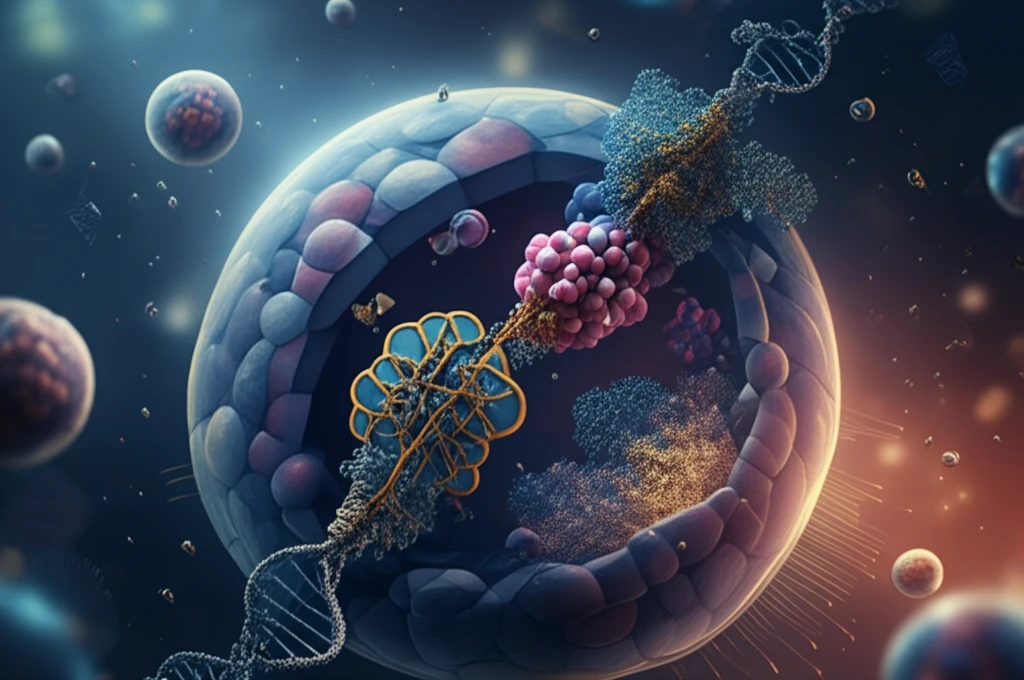 Illustration of RNA polymerase II, SAGA, and TFIID complexes regulating gene expression inside a cell nucleus.