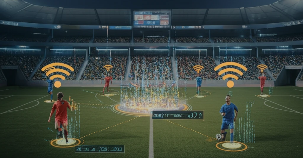 Soccer field with data streams connecting players, visualizing real-time tracking.