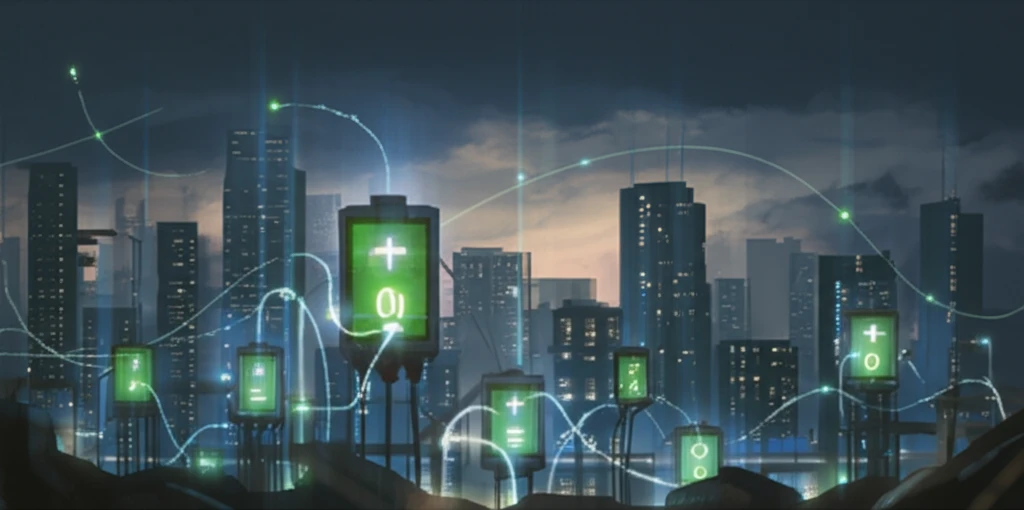 Futuristic cityscape powered by potassium-ion batteries and carbon nanofibers, symbolizing sustainable energy.