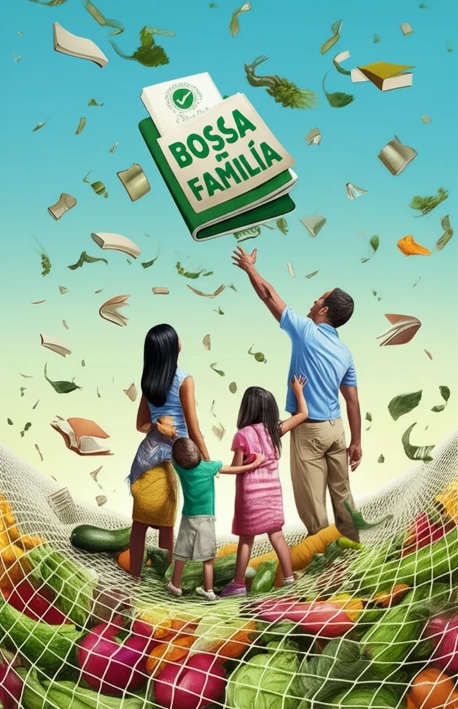 A surreal illustration of the Bolsa Família program's impact on food security and education.