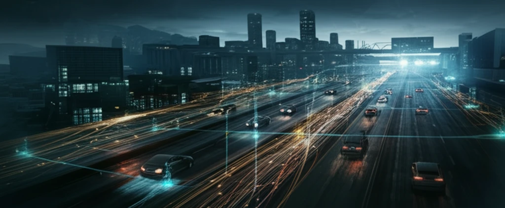 Futuristic highway with interconnected cars symbolizing secure vehicle communication.