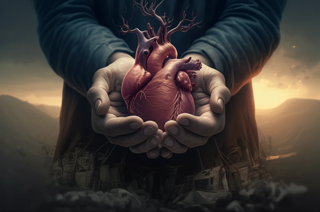 Supportive hands holding a glowing human heart.