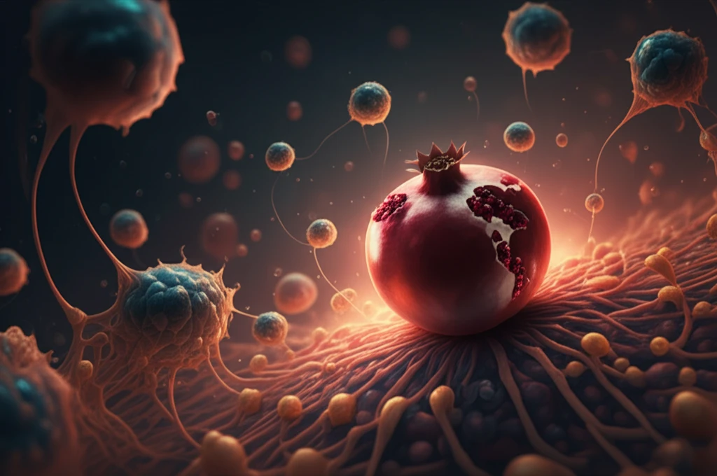 Surreal illustration of Urolithin A targeting pancreatic cancer cells.