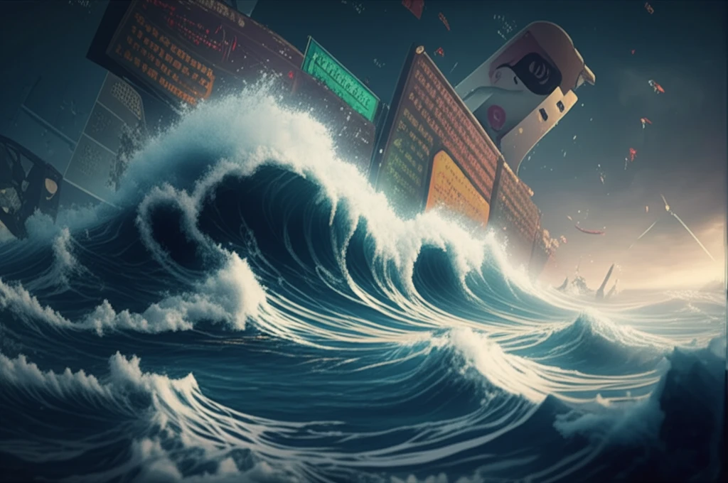 Stock market waves crashing over trading screen representing market volatility and liquidity.