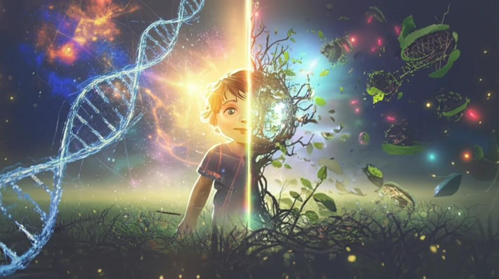 A child surrounded by symbols of genetics and environment, representing the factors that influence positive emotions.