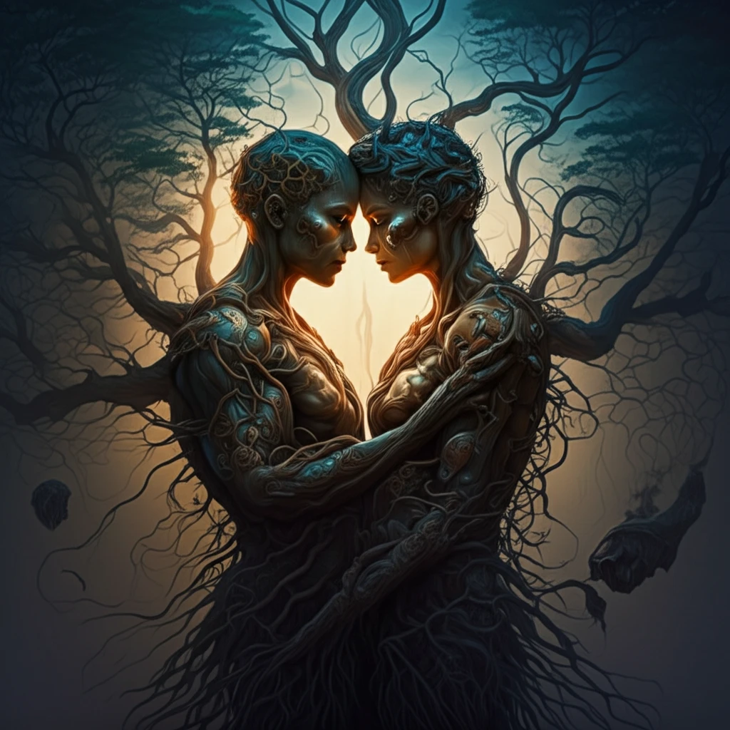 Intertwined figures with tree roots, symbolizing same-sex relationships and evolutionary roots.