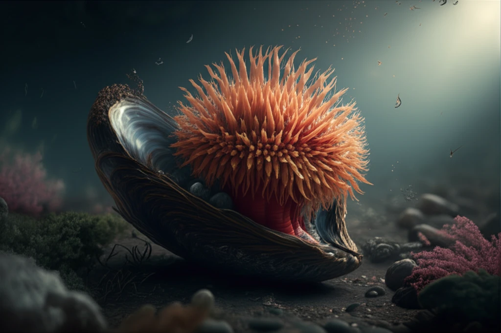 Mussel shell with a brightly colored Actinia equina (beadlet anemone).