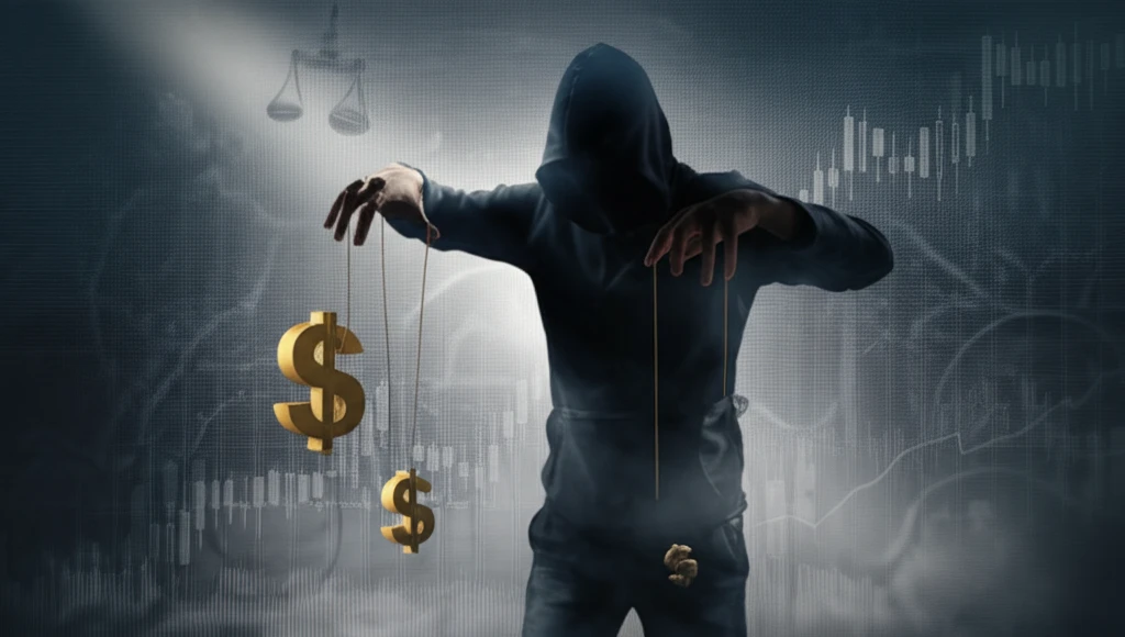 A shadowy figure manipulates stock charts.