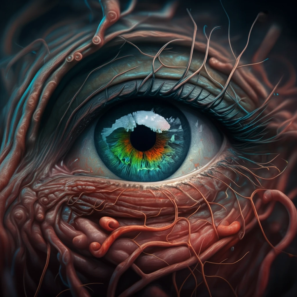 Eye intertwined with aorta branches, symbolizing Takayasu arteritis' ocular effects.