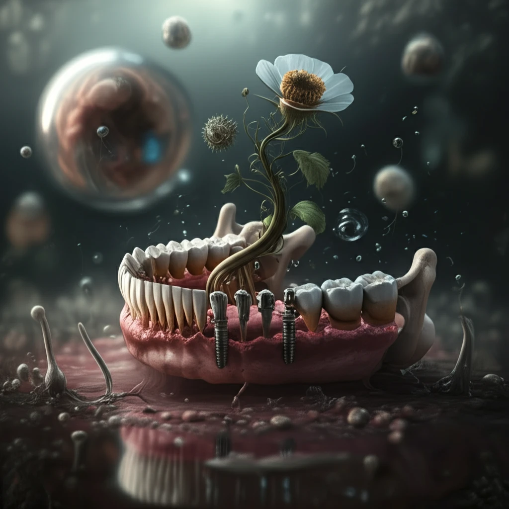 Blooming flower growing from a jawbone with dental implants, symbolizing bone regeneration.