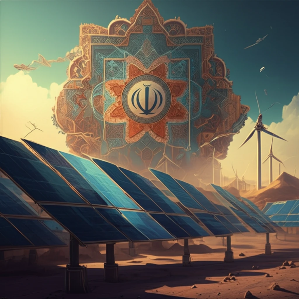Surreal digital illustration of Iran's energy transition with Persian patterns, solar panels, and wind turbines.