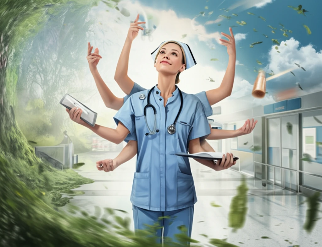 Nurse balancing multiple tasks with compassion in a surreal healthcare setting.
