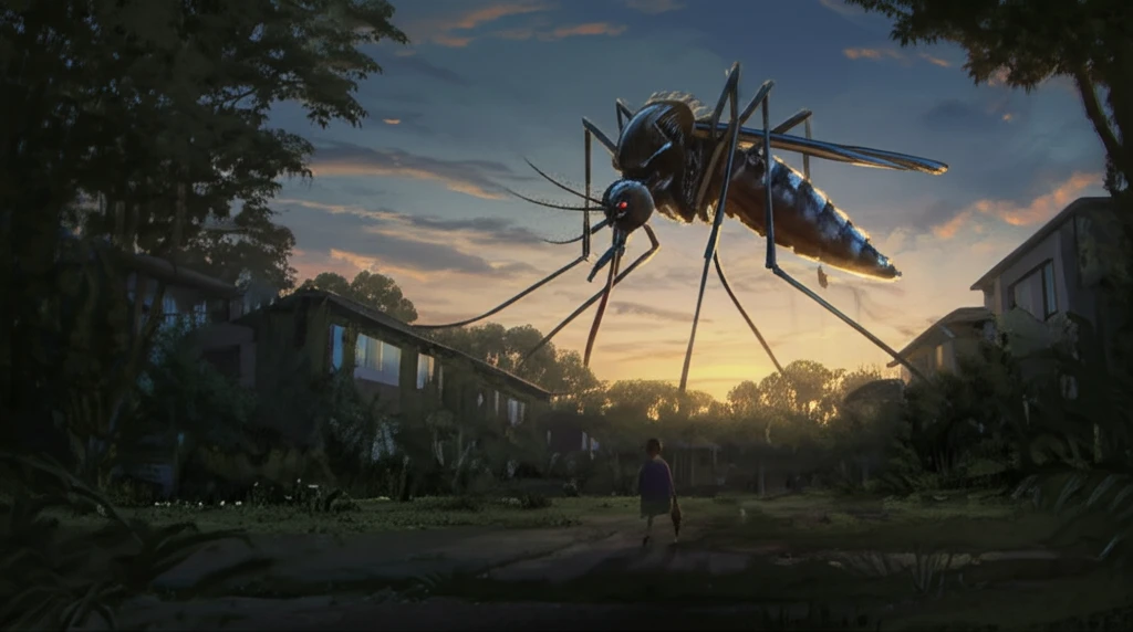 Culex coronator mosquito hovering over a suburban neighborhood