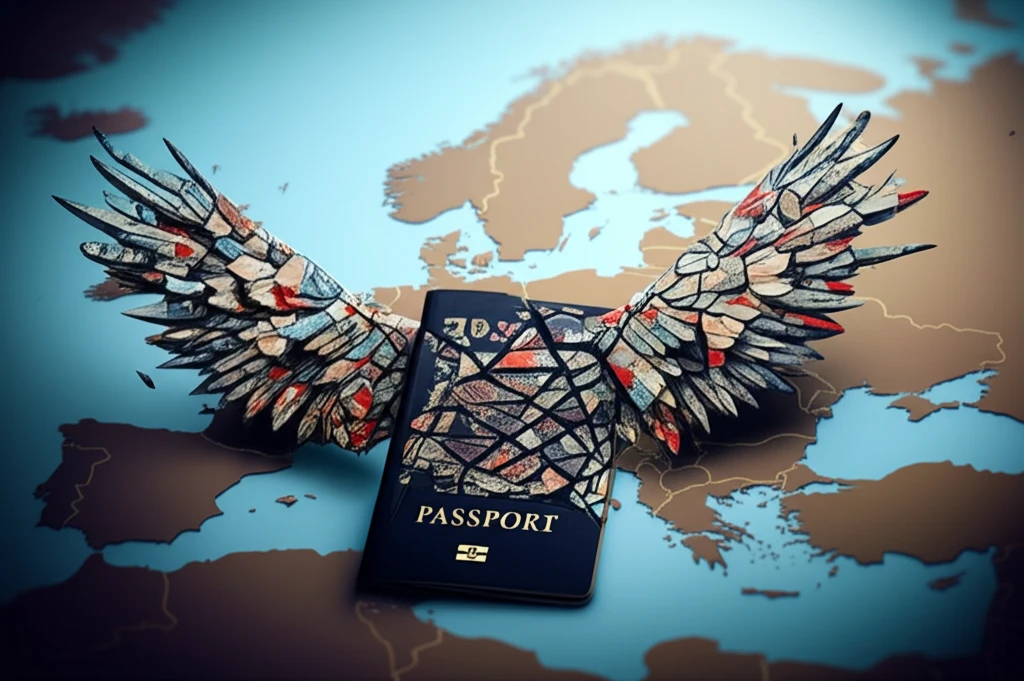 A shattered passport transforms into a wing, symbolizing freedom amidst restricted movement in the EU.