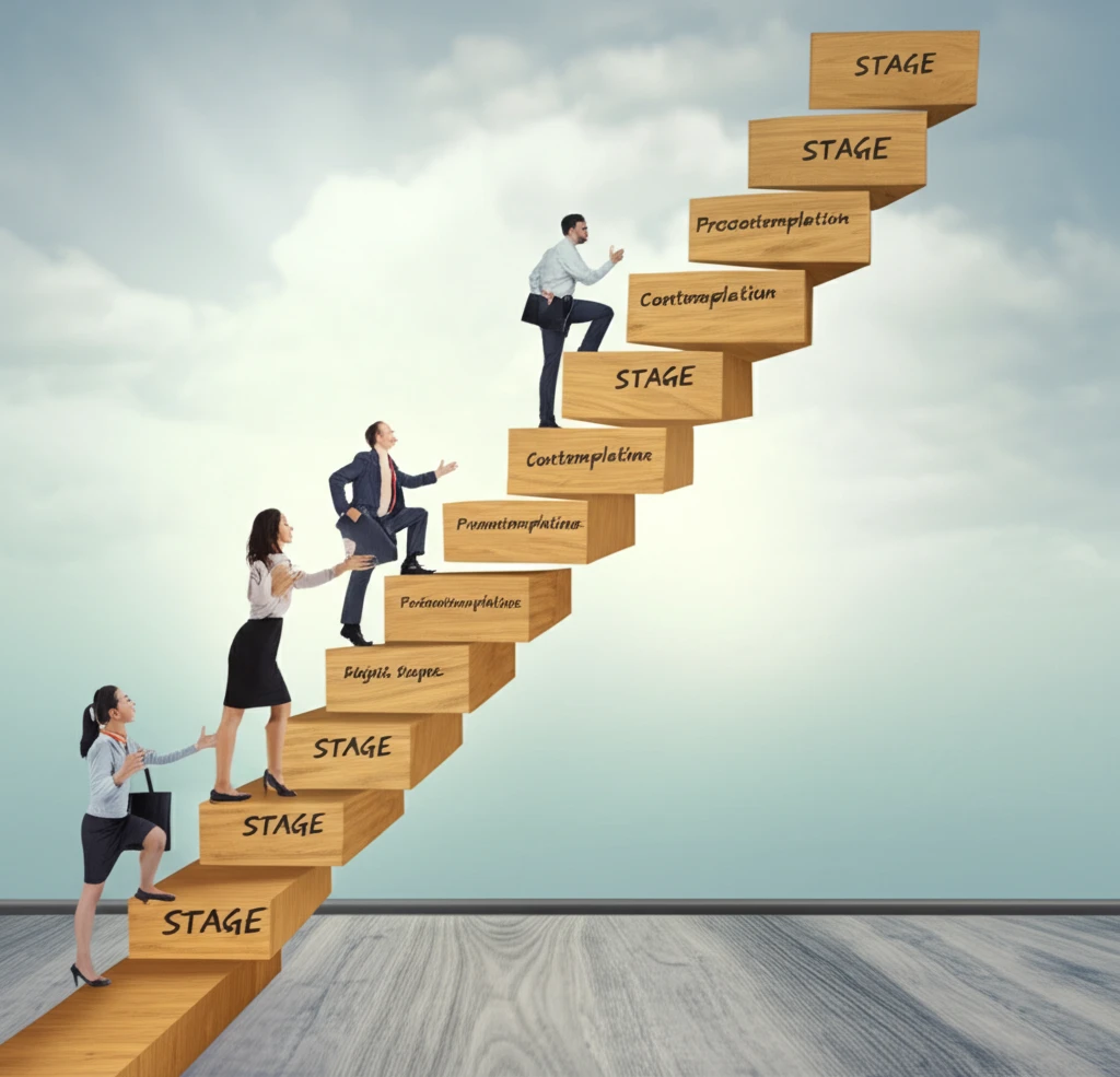 Staircase representing stages of change with experts and peers offering support.