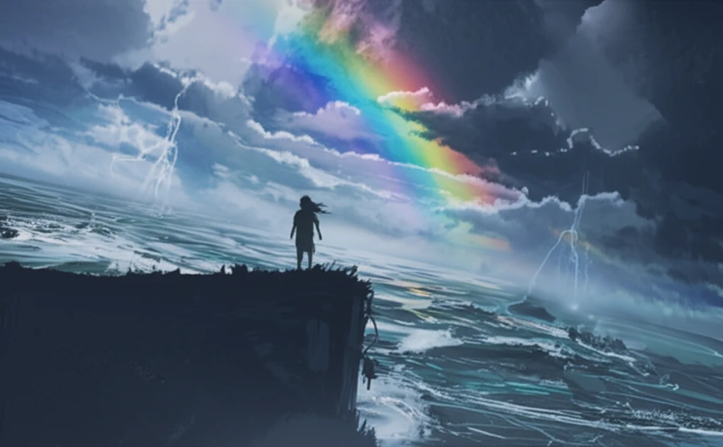 Person overlooking stormy sea with rainbow, symbolizing hope amidst chaos.