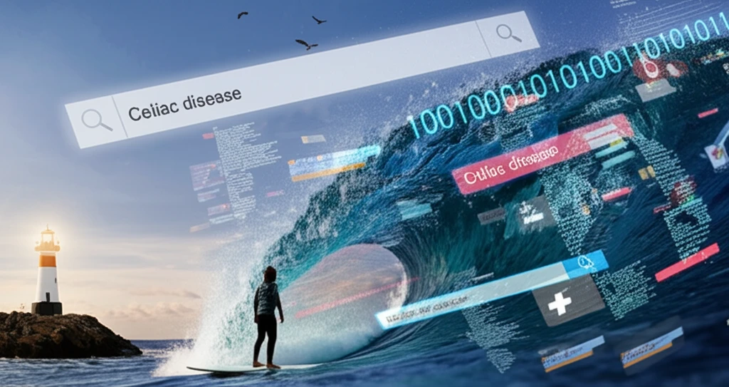 Person surfing internet data wave related to Celiac disease, seeking medical advice.
