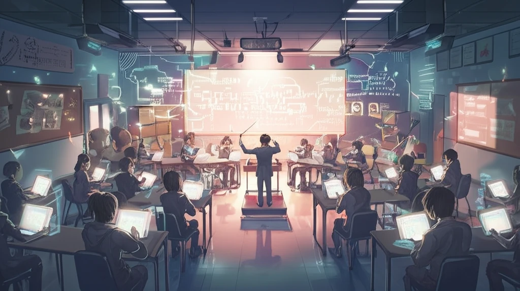 Teacher conducting an orchestra of students using tablets in a bright classroom.