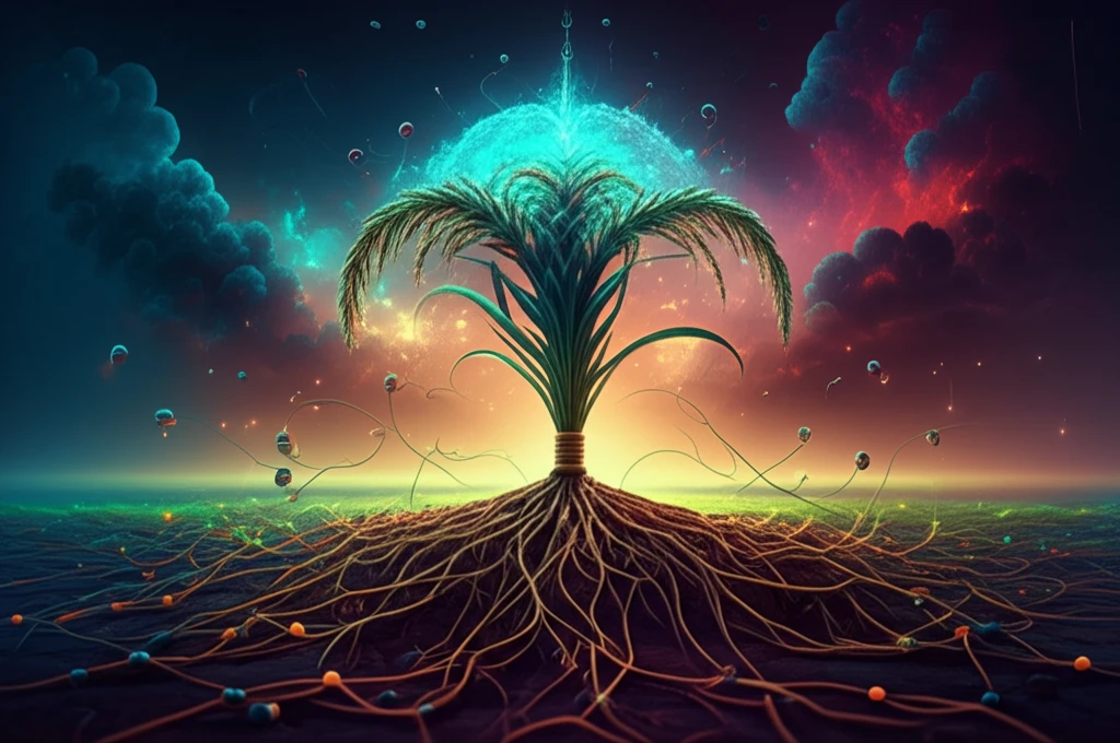 Glowing rice plant with microscopic sensors in a stylized field.