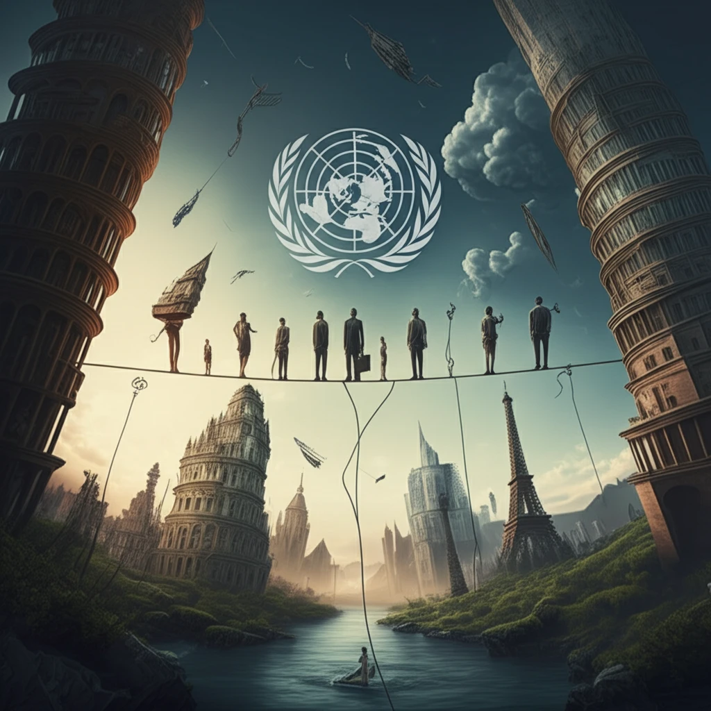 A diverse group balances on a tightrope between cultural skyscrapers, symbolizing the challenges of Muslim states at the UN.