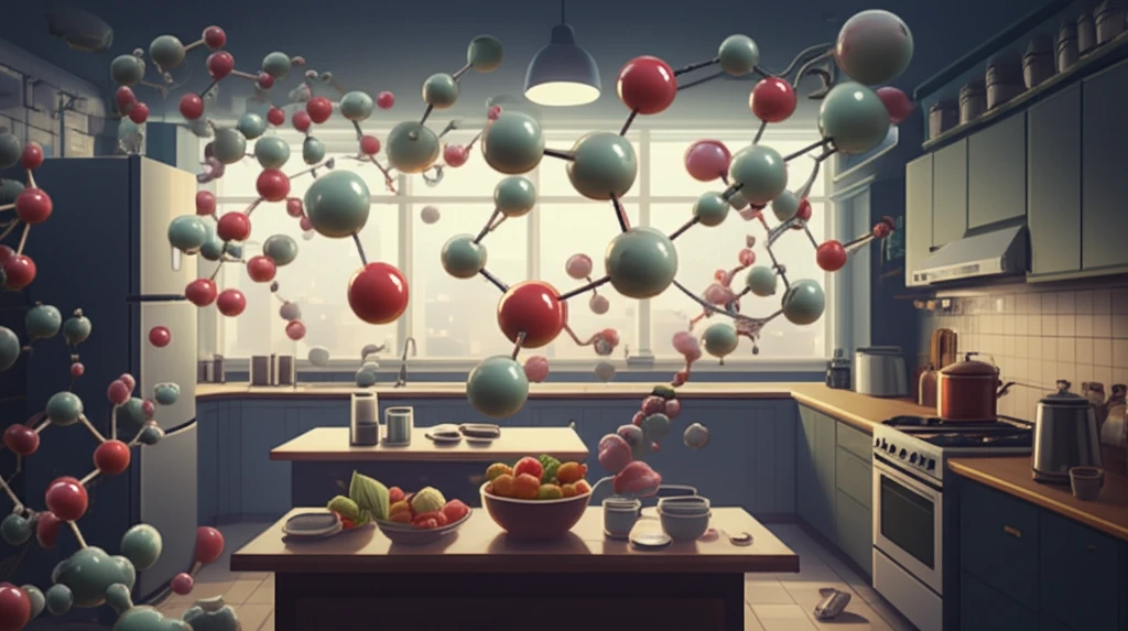 Colorful kitchen scene with floating molecules symbolizing food chemistry.