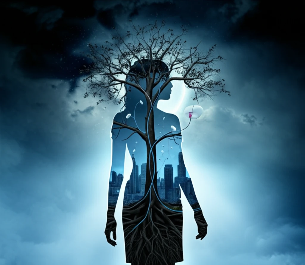 Personalized Cancer Treatment Illustration: Chemotherapy drugs flowing through a tree within a woman's silhouette, representing personalized medicine.