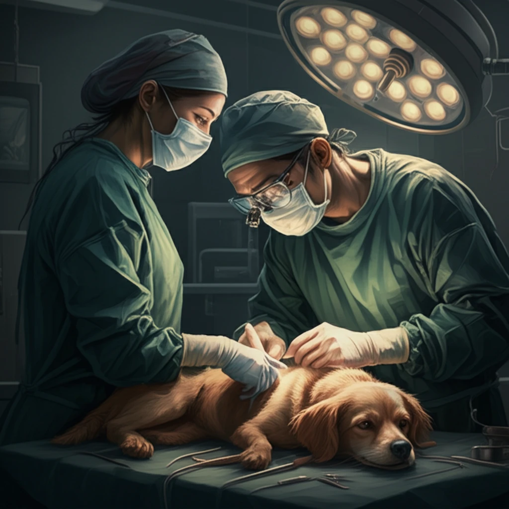 Veterinarian gently performing spay surgery on a dog