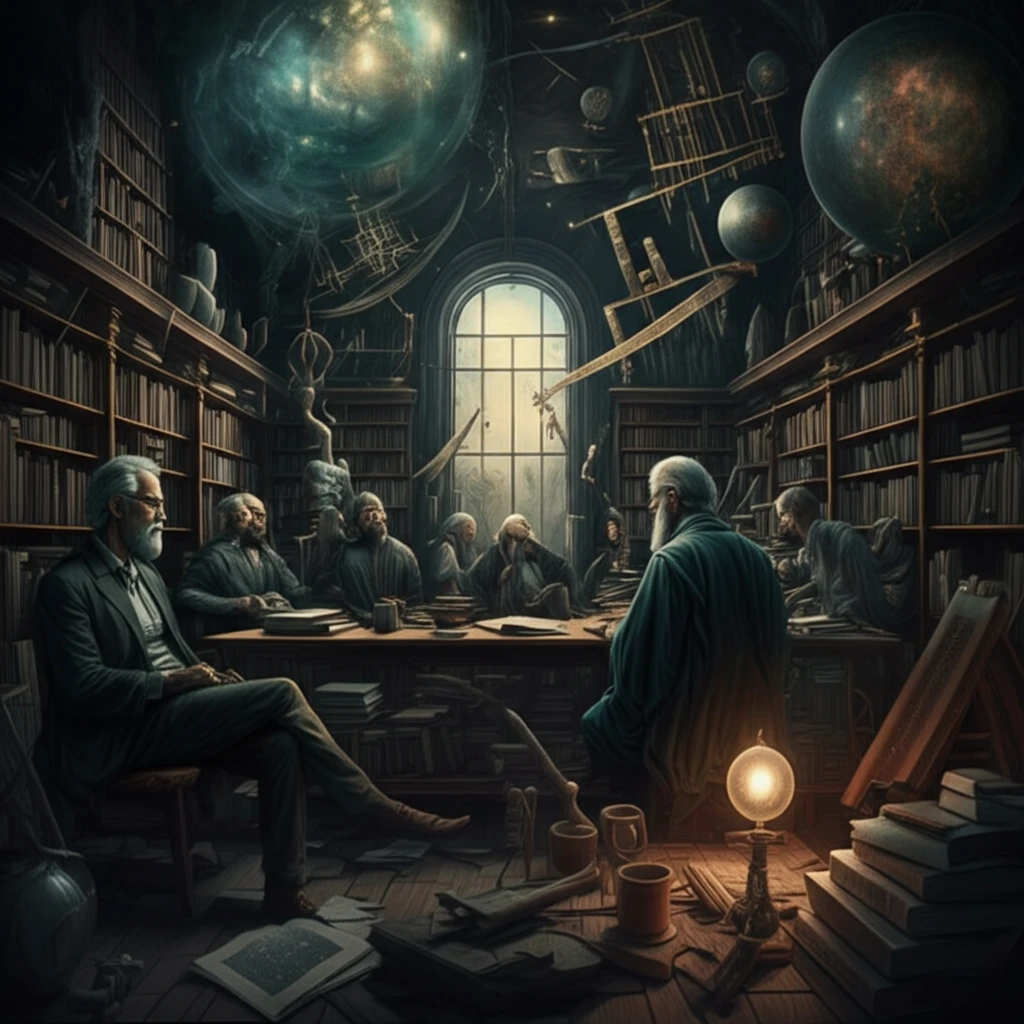 A surreal digital illustration of a cosmic library filled with historical scientific and mathematical figures.