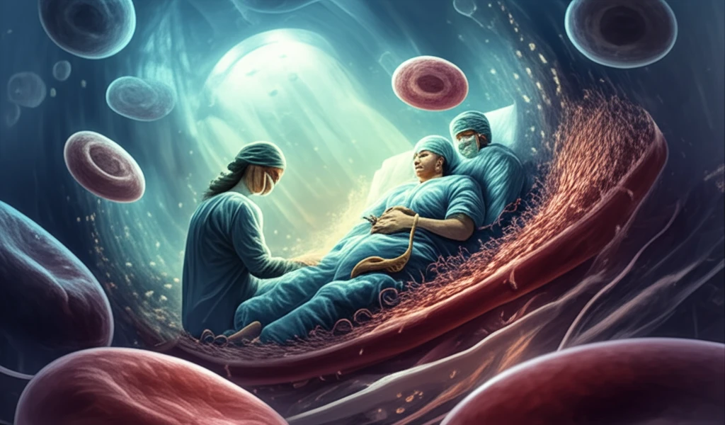 Surreal illustration symbolizing stem cell transplantation with medical personnel caring for a patient.