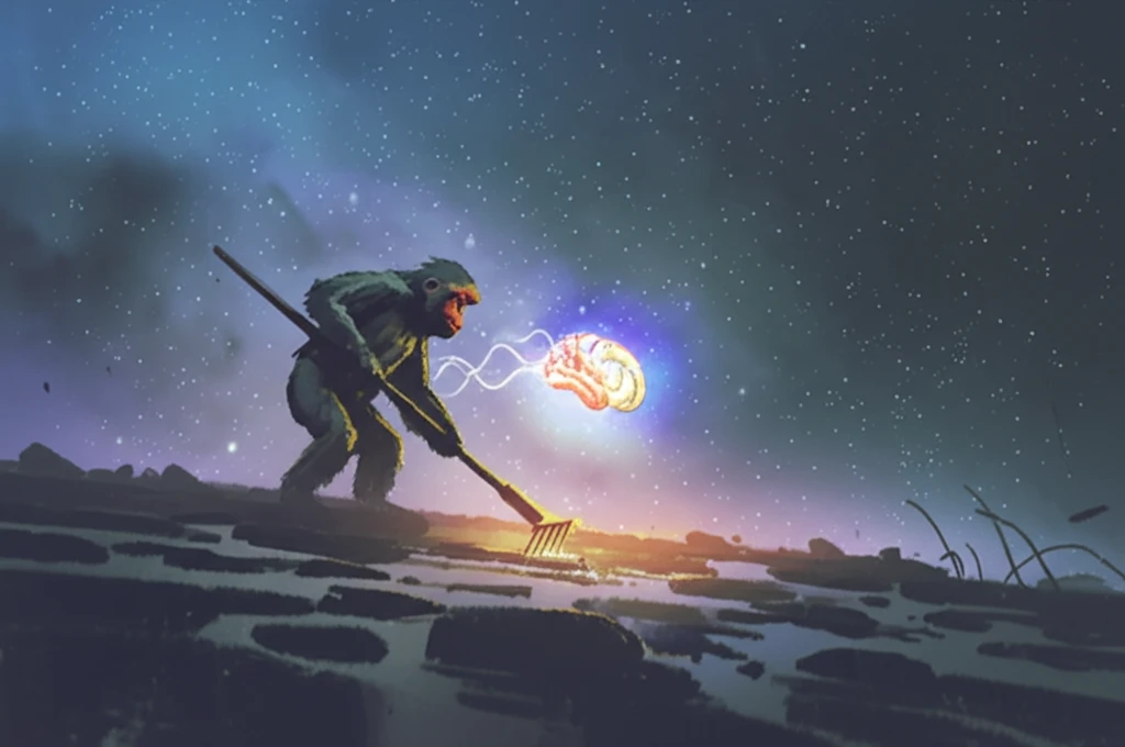 Monkey reaching for a glowing brain with a rake of light.