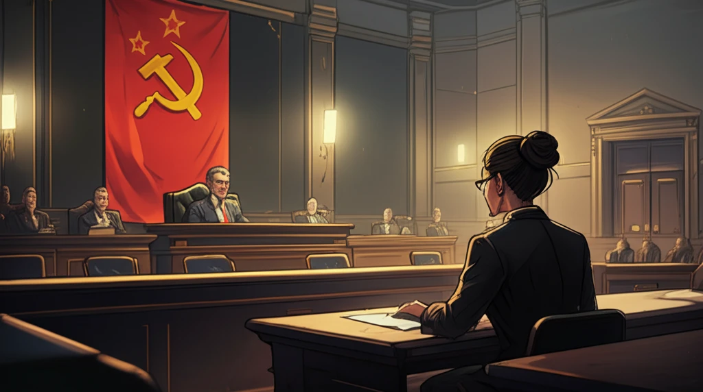 Surreal courtroom scene blending legal tradition with communist symbolism.