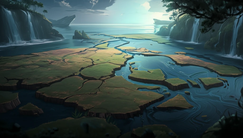 Surreal illustration of the Amazon River basin influenced by Pacific and Atlantic Ocean currents.