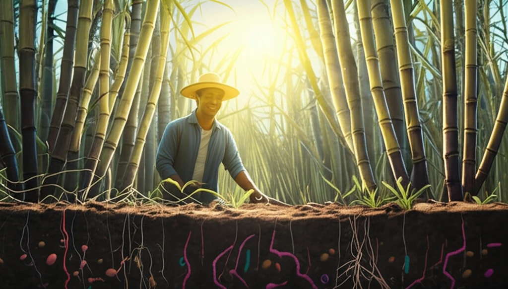 Lush sugarcane field with thriving microorganisms, symbolizing sustainable agriculture.