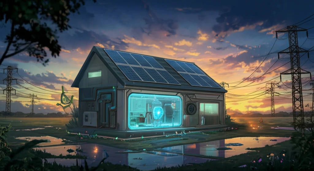 Futuristic home with integrated solar panels and energy storage, connected to a power grid, symbolizing bidirectional energy flow.
