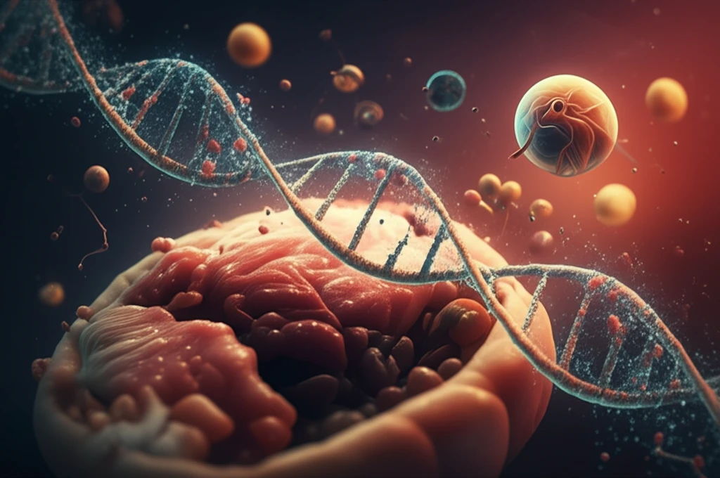 Microscopic view of food interwoven with DNA strands, symbolizing genomics in food safety.