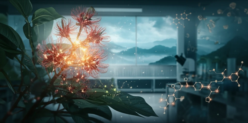 Surreal illustration of Helicteres hirsuta with molecular structures, blending Vietnamese landscape and modern lab.