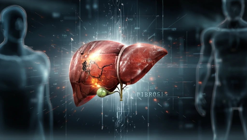 Illustration of liver reconstruction with glowing matrix representing fibrosis markers.