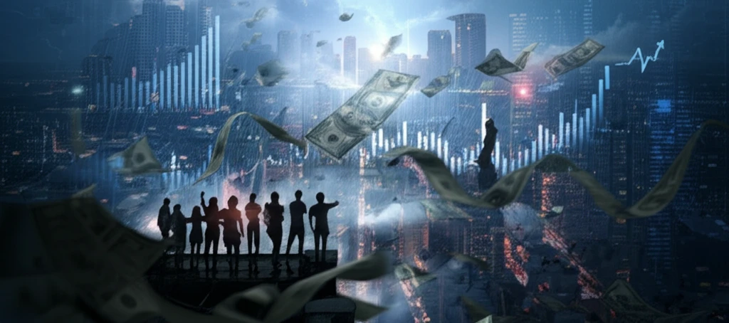 Abstract image of stock charts and graphs with money flowing.