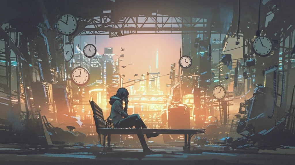 Contemplative person waiting at a train station, surrounded by clocks, symbolizing the art of patience and anticipation.